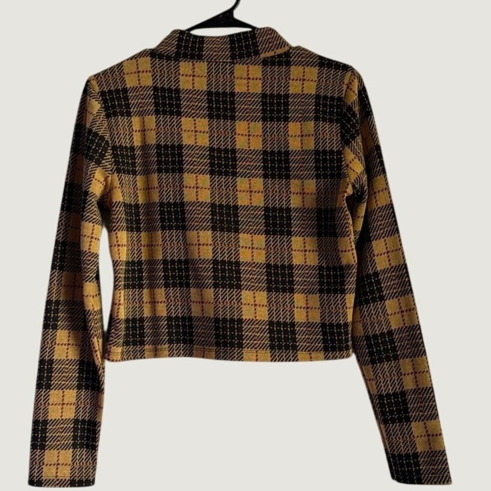 Mango MNG Yellow Black Plaid Mock Neck Long Sleeve Knit Crop Top Large - Picture 2 of 4
